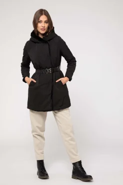 Giacca Lunga Nera Reversibile Con Cintura